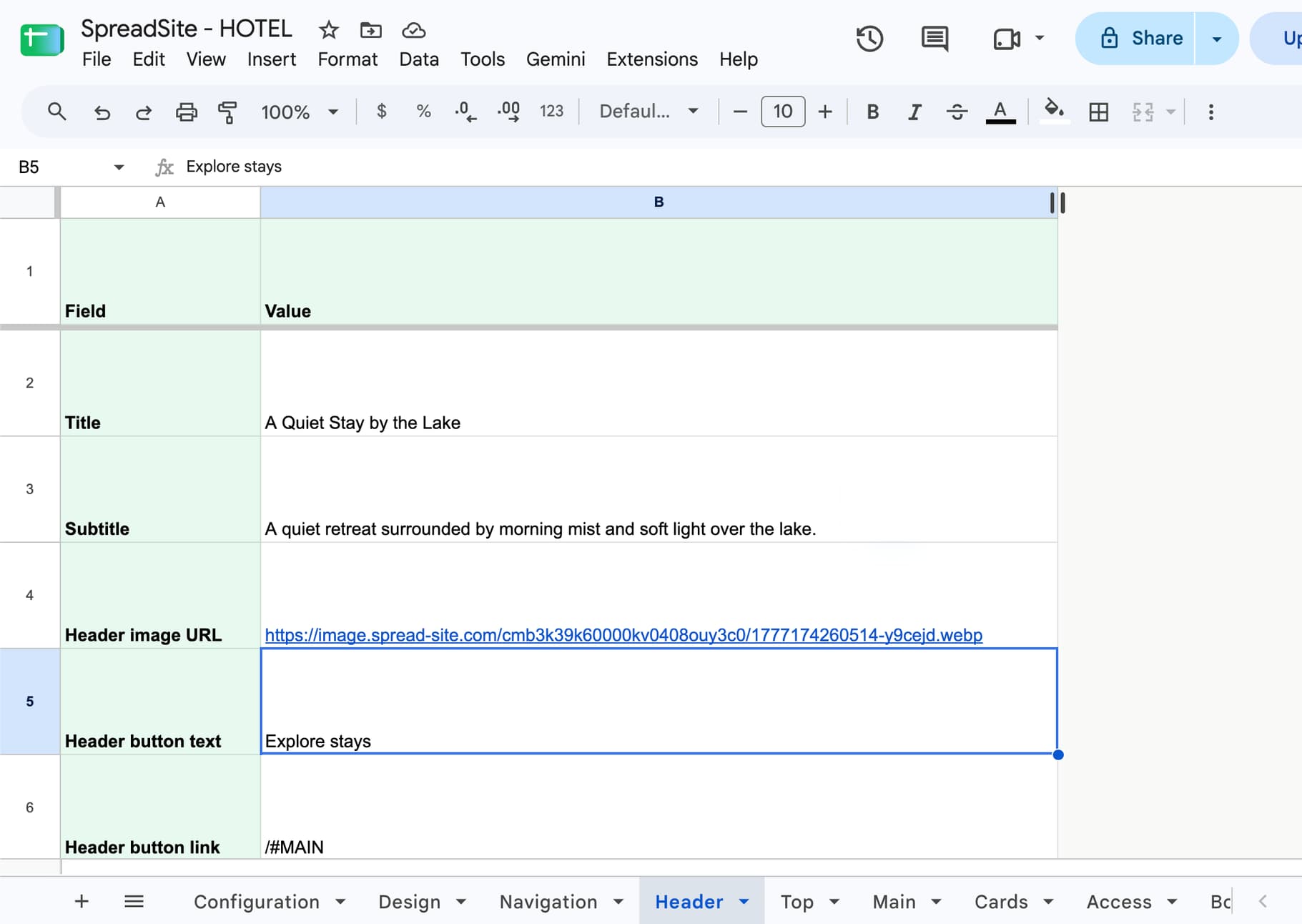 Website content edited in Google Sheets